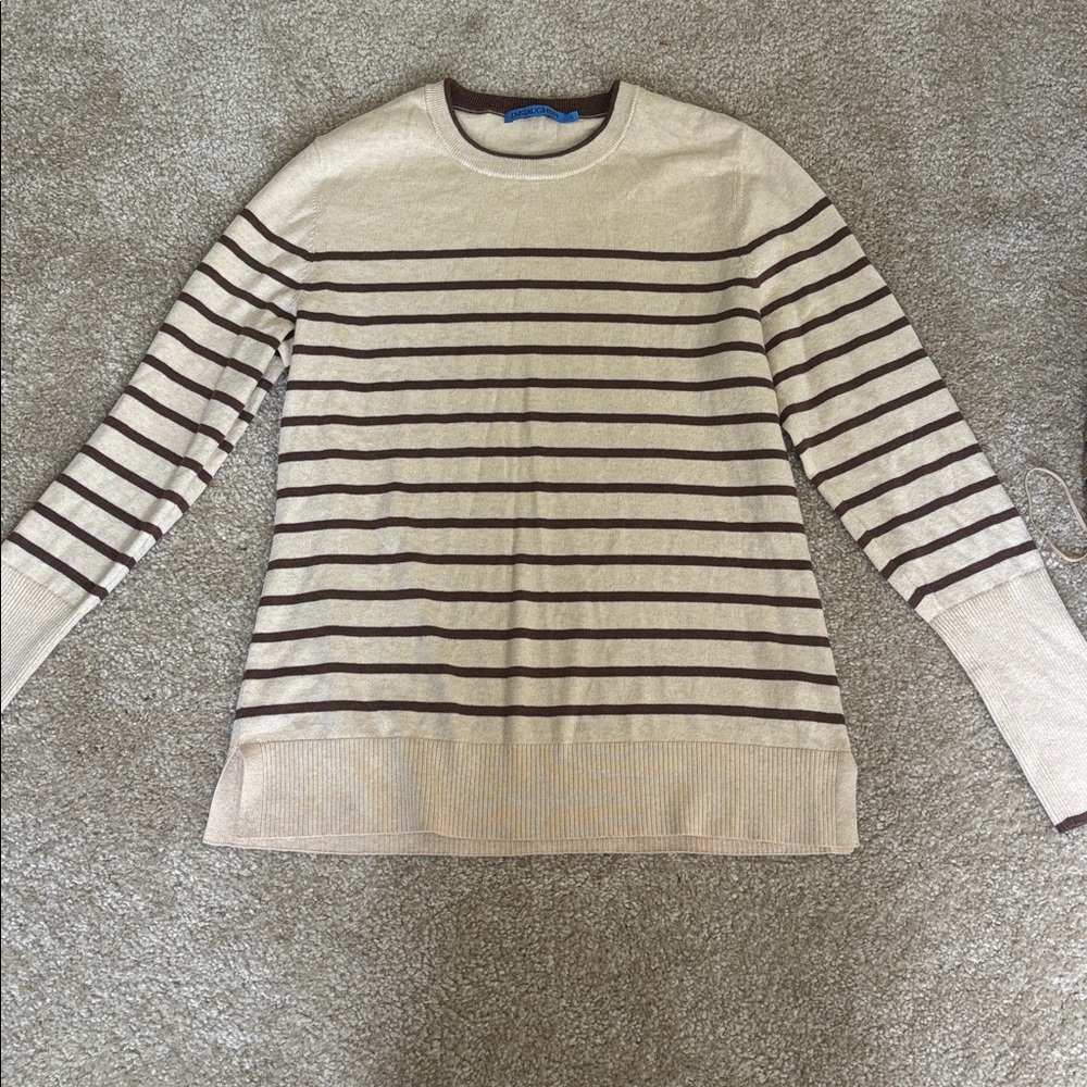 J. McLaughlin Beige and Brown Striped Crewneck Sweater